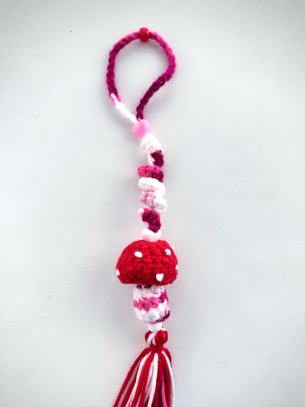 Handmade Crochet Mushroom Hanging Charm Pink Red White Tassel Decor
